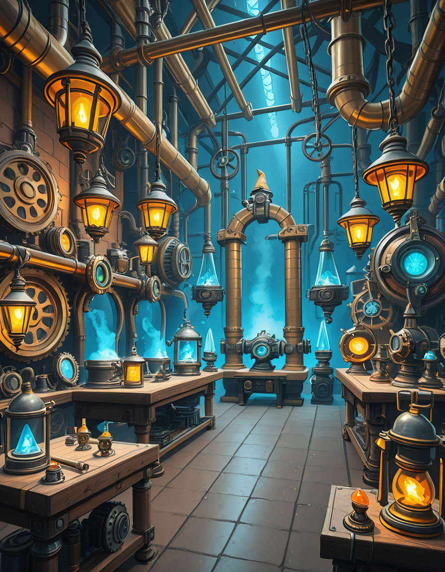 A highly detailed and immersive gnome workshop inspired by World of Warcraft, filled with intricate mechanical devices, glowing gadgets, and arcane-infused machinery. The workshop is cluttered with blueprints, gears, and steam-powered contraptions, creating a vibrant steampunk-fantasy aesthetic. The lighting comes from flickering arcane lamps, neon-colored tubes, and softly glowing mana crystals, casting a warm yet mysterious ambiance. In the background, large brass pipes, rotating cogs, and suspended platforms form a complex, multi-layered workspace. A large workbench at the center is covered with half-finished inventions, from tiny clockwork creatures to experimental energy weapons. The walls are adorned with schematics, tool racks, and magical energy conduits. The atmosphere feels lively, as if gnome engineers have just stepped away from their latest tinkering project, leaving sparks flying and steam hissing from unfinished experiments. The color palette is a mix of vibrant blues, greens, and metallic hues, enhancing the high-tech yet whimsical charm of gnomish engineering.<lora:SDXLFaeTastic2400:0.4> <lora:extremely_detailed:0.4> extremely detailed,gnome w0rksh0p <lora:gnome_w0rksh0p-i:1>, Masterpiece,best quality,hi res,8k,hi res,8k,award winning,(sharp focus, intricate, highly detailed),