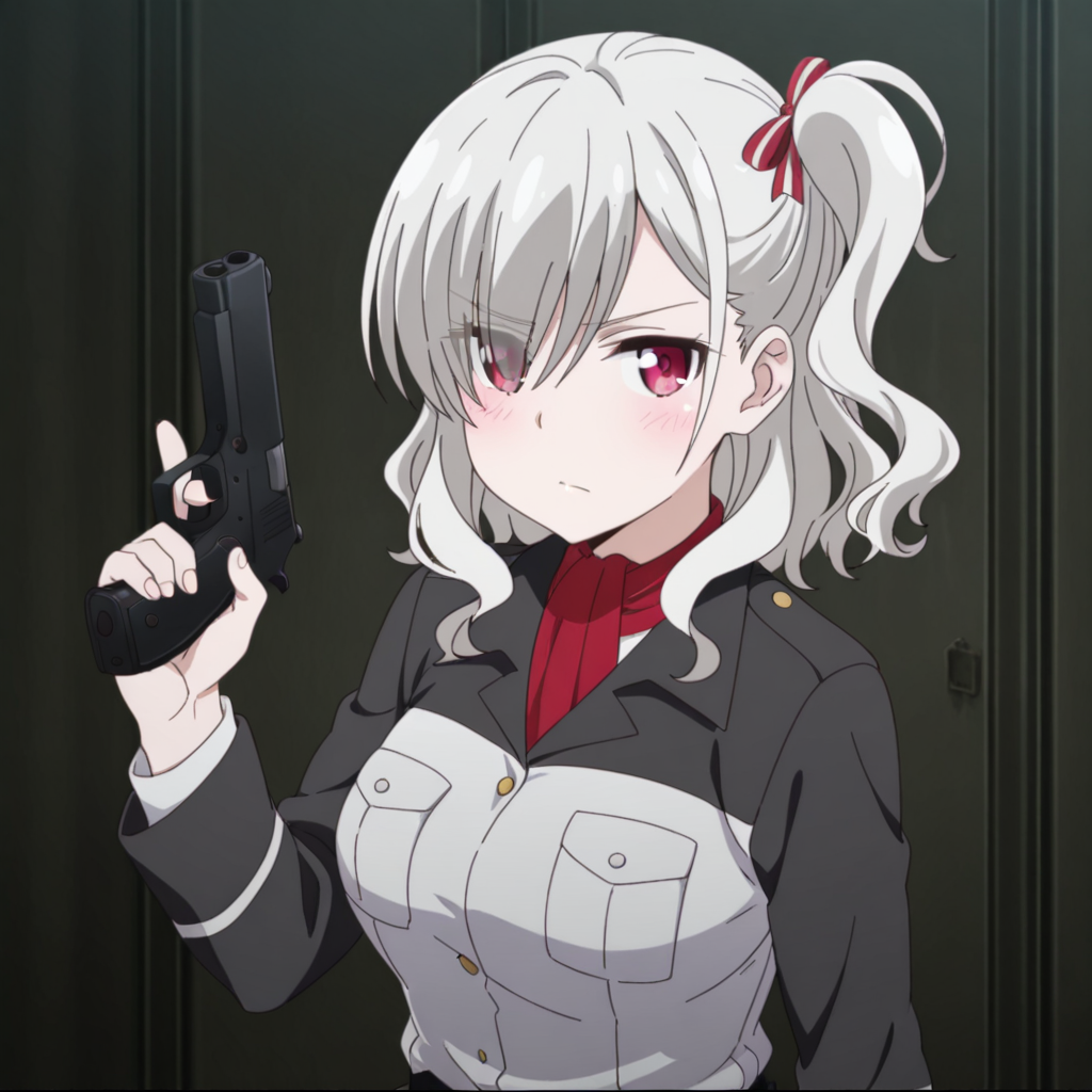 nsfw, masterpiece, best quality, 1girl, solo, warlords_of_sigrdrifa_komagome_azuzu, holding gun, red eyes, holding weapon, breast pocket, handgun, ribbon, pocket, looking at viewer, hair ribbon, blush, closed mouth, eyes visible through hair, red ribbon, one side up, shirt, grey hair, jacket, <lora:Komagome_Azuzu_-_Warlords_of_Sigrdrifa:0.7>
