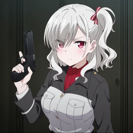 nsfw, masterpiece, best quality, 1girl, solo, warlords_of_sigrdrifa_komagome_azuzu, holding gun, red eyes, holding weapon, breast pocket, handgun, ribbon, pocket, looking at viewer, hair ribbon, blush, closed mouth, eyes visible through hair, red ribbon, one side up, shirt, grey hair, jacket, <lora:Komagome_Azuzu_-_Warlords_of_Sigrdrifa:0.7>
