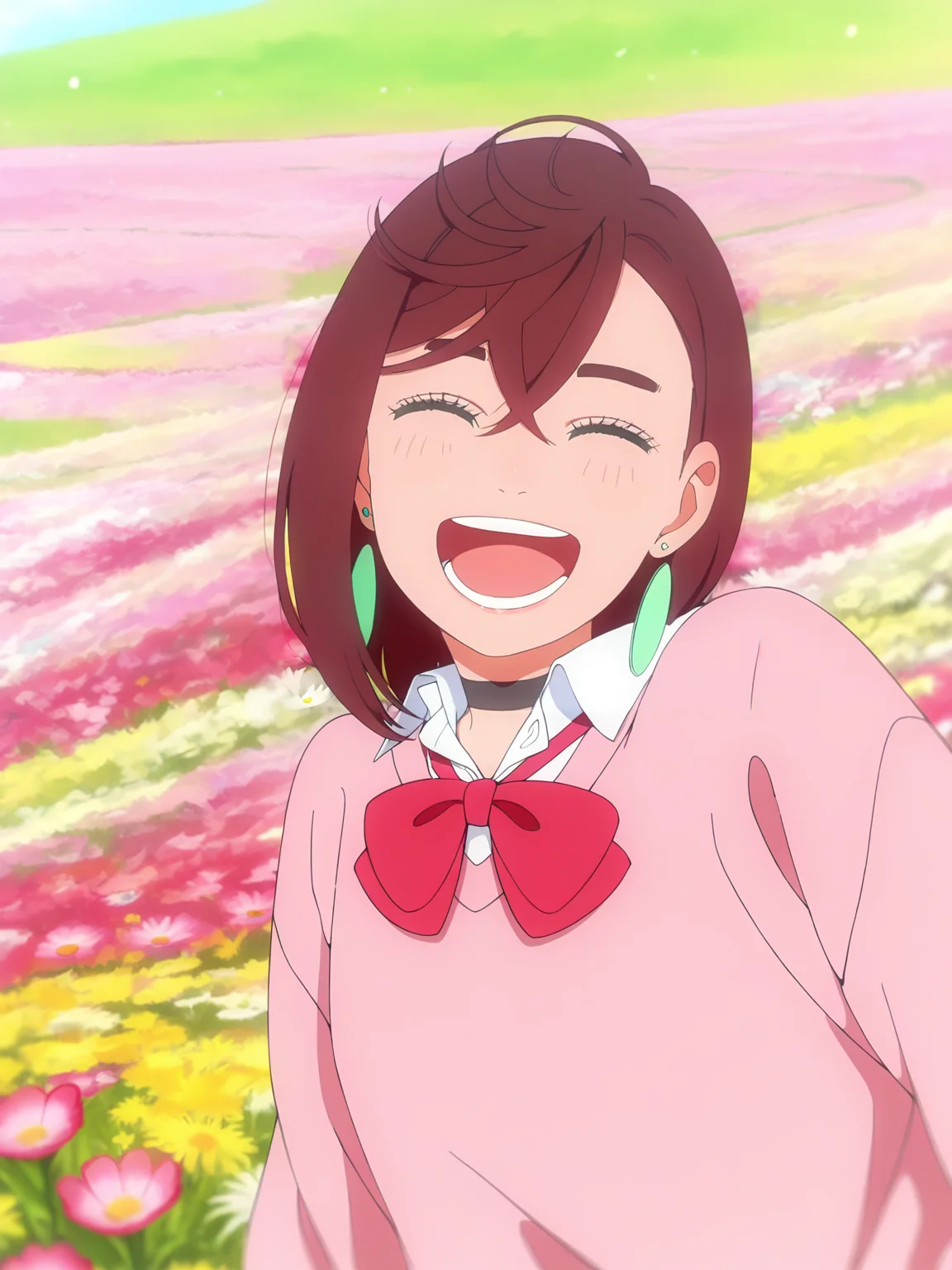 <lora:Momo_Ayase:0.8>, momo_ayase, 1girl, solo, short brown hair, green earrings, black choker, pink sweater, red necktie, white collared shirt, upper body, happy, closed eyes, open mouth], laughing, dyamic view, leaning backward, standing, bright lighting, grass field, flowers, high contrast