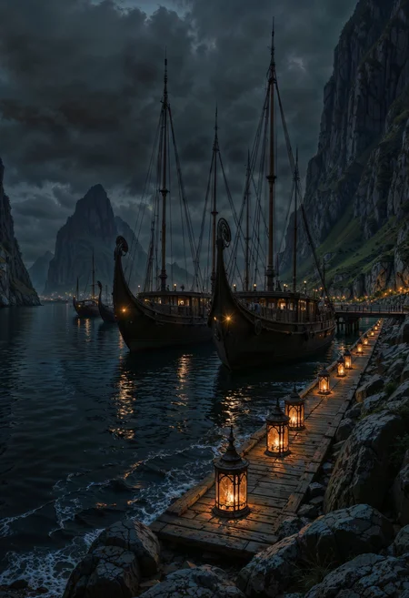a moody, atmospheric scene of a Viking harbor. The style is highly detailed and realistic, with a focus on the interplay of light and shadow. The layout features several Viking longships docked along a wooden pier, with the ships' dragon-headed prows prominently visible. The scene is set against a backdrop of misty, rugged cliffs under a cloudy, overcast sky. The water is dark and choppy, reflecting the dim light from numerous lanterns lining the pier, casting a warm glow. The lanterns are designed in a traditional style, with metal frames and glass panels, emitting a soft, orange light that contrasts with the cool tones of the environment. The overall color palette is dominated by grays and blues, enhancing the somber, mysterious atmosphere of the scene.