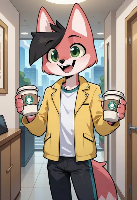 score_9, score_8_up, score_7_up, score_6_up, score_5_up, score_4_up, source_furry, solo, source_cartoon, fox, Ris_fox, anthro fox, furry male, black hair, green eyes, red body, animal ears, furry character, hotel room, happy, anthro, fur, furry body, show accurate, fangs, detailed, open mouth, beautiful, male, vector, flat colors, 4k, ultra detailed, open mouth, focus eyes, standing, pants, shirt, happy, street, coffee cup, yellow jacket