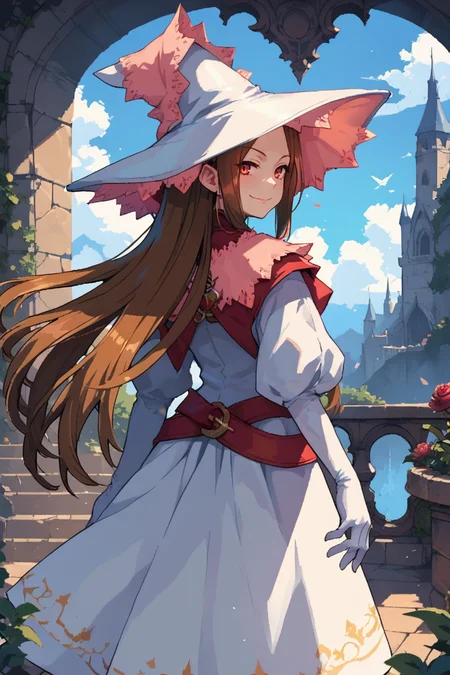 (score_9, score_8_up, score_7_up, score_6_up), source anime, BREAK, <lora:Rosary_Esmeralda_Yggdra_Union_Well_Never_Fight_Alone__Dept._Heaven:0.70>, RosaDef, brown hair, long hair, red eyes, white witch hat, white dress, gloves, rose, (from behind), looking at viewer, closed mouth, standing, cowboy shot, exterior, church, cathedral, garden, solo, smug grin, magic, <lora:zy_Detailed_Backgrounds_v1:0.5> , detailed background, highly detailed, <lora:d3p1x3lXLP:0.7> , d3p1x3l, pixel art, scenery,