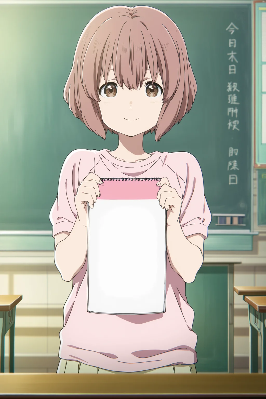 anime screencap, anime coloring, detailed face, perfect fingers, masterpiece, best quality, very aesthetic, absurdres, volumetric lighting,
in a classroom,
<lora:Shoko_Nishimiya_A_Silent_VoiceKoe_no_Katachi:1>
Young Shouko appearance, Shouko Nishimiya (character), 1girl, solo, holding, shirt, brown eyes, chalkboard, short hair, looking at viewer, classroom, short sleeves, indoors, smile, cowboy shot, notebook