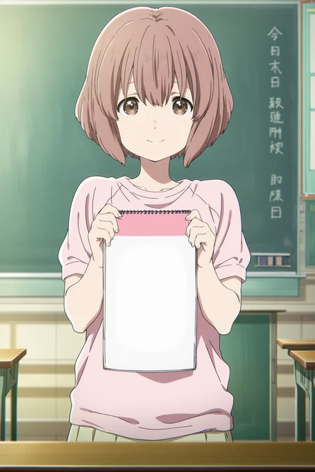 anime screencap, anime coloring, detailed face, perfect fingers, masterpiece, best quality, very aesthetic, absurdres, volumetric lighting,
in a classroom,
<lora:Shoko_Nishimiya_A_Silent_VoiceKoe_no_Katachi:1>
Young Shouko appearance, Shouko Nishimiya (character), 1girl, solo, holding, shirt, brown eyes, chalkboard, short hair, looking at viewer, classroom, short sleeves, indoors, smile, cowboy shot, notebook