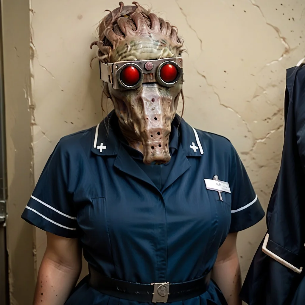 score_9, score_8_up, score_7_up, score_6_up,
1girl, NHS Nurse Dress, kubaz, alien:1.3, dark blue dress, snout:1.2, goggles