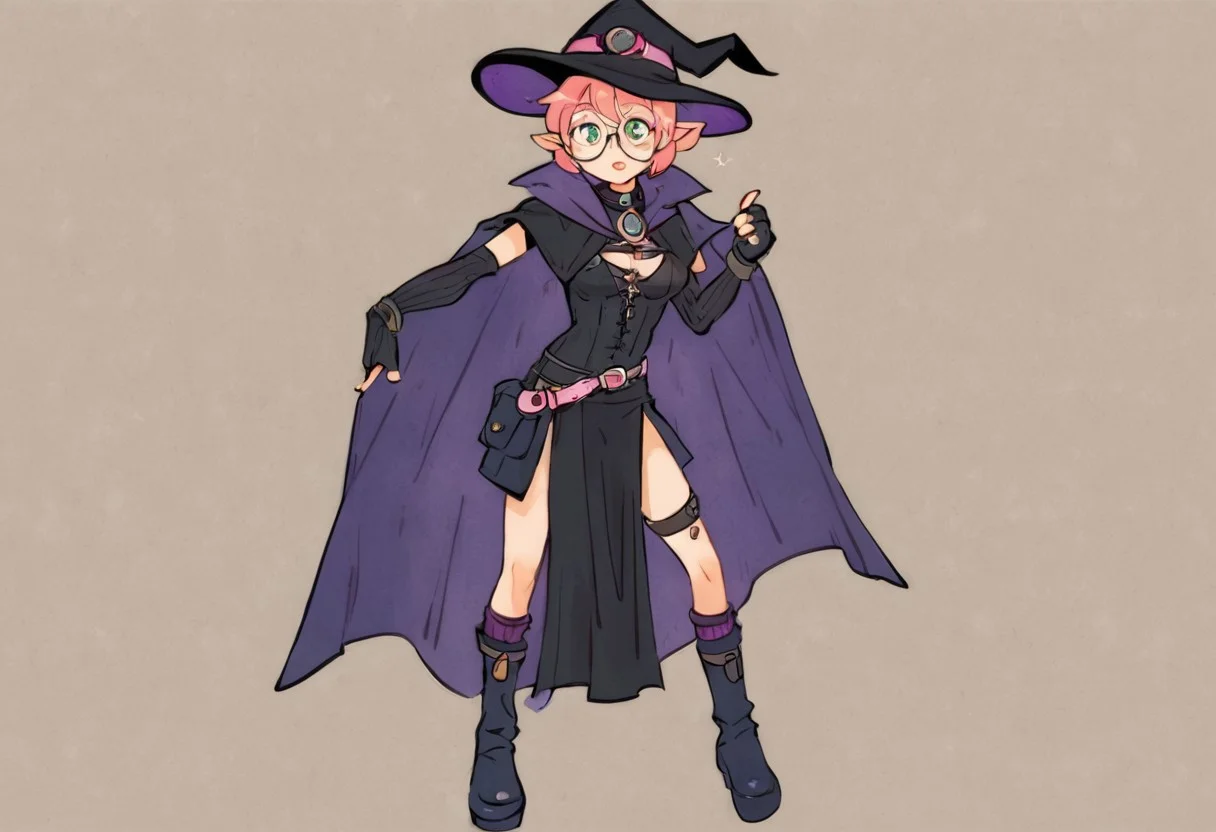 score_9, score_8_up, score_7_up, score_6_up, score_5_up, Full Body, 1girl, solo, pink hair, very short hair, short twin low ponytails, twin low ponytails, elf ears, round glasses, green eyes, young girl, slim build, exposed legs, light skin, mage outfit, black witch hat, black vest, dark-grey tabard, black gloves, pink belt, black belt gemstone, purple pelvic curtain, purple over-kneehighs, ribbed, purple boots, center opening, blaxk detached sleeves, thigh strap, pouches, necklace, pendant, witch hat, witch robe with cape, witch cloak, violet corset, black bodysuit, black gloves, fingerless gloves, pink accents in outfit, purple boots, leather mid-calf boots, leather thigh-high boots, feathered collar, belt with pouches, belt with buckles, chest harness, tattered cape, cape with tattered edges, witchxl,