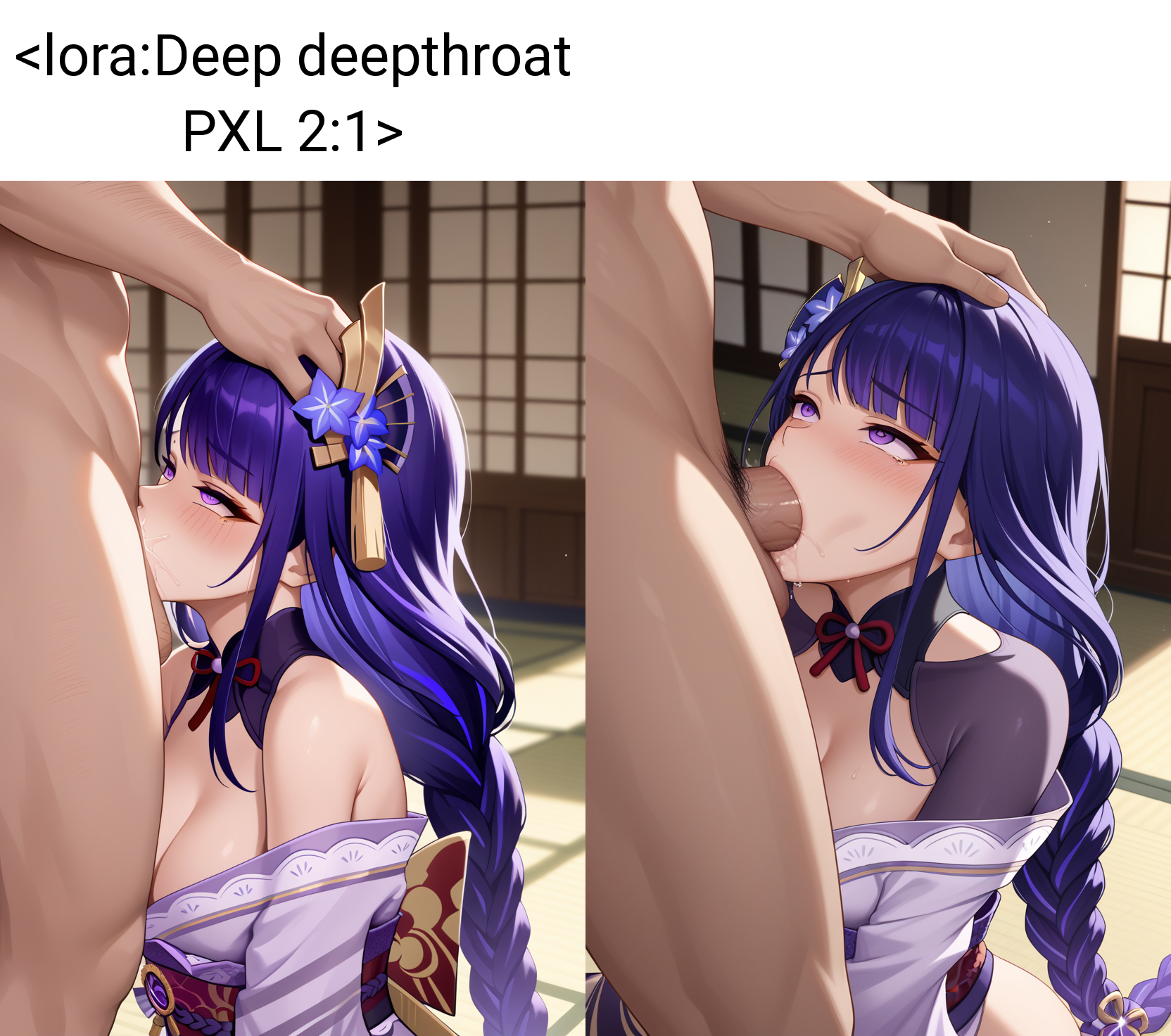 score_9, score_7_up, 1boy, deep throat, 1girl, raiden shogun, kneeling,   <lora:Deep deepthroat PXL 2:1>