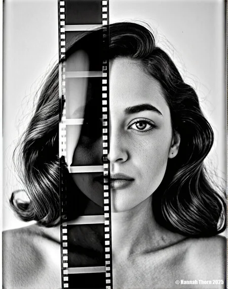 A realistic black and white photograph of a young beautiful brunette woman standing on a city street, wearing a black v-neck dress, with short curly hair, holding a cigarette in her hand, looking up at the sky, with tall buildings in the background, cars driving on the street, street signs on the buildings, daytime, medium shot, detailed face, realistic skin texture, film grain, high resolution, natural lighting, dramatic shadows, shot with a Leica camera, 50mm lens, f/2.8 aperture, 1/250 shutter speed, ISO 200, shot on Kodak Tri-X 400 film., <lora:_Flux\_Photographer\Helmut_Newton-000001.safetensors:0.8300000000000002:0.8300000000000002> <lora:_Flux\_Skin_Appearance\detailifier_flux-000006.safetensors:0.8300000000000002:0.8300000000000002> <lora:_Flux\_Skin_Appearance\Old_Beauty.safetensors:0.7500000000000001:0.7500000000000001>, A stunning black and white portrait of a young woman, her face partially obscured by a strip of 35mm film. The film runs vertically, bisecting her face, with the individual frames visible and adding an intriguing layer to the composition. Her expression is serene, eyes gazing slightly off-camera, framed by dark, wavy hair. The lighting is soft and diffused, creating subtle shadows that accentuate her features. The background is a soft, out-of-focus white, drawing attention to the subject. The overall mood is artistic and contemplative, evoking a sense of classic Hollywood glamour. The image is reminiscent of vintage photography, with a timeless quality. The contrast between the smooth skin and the textured film adds visual interest. The composition is simple yet effective, creating a captivating and memorable image., <lora:_Flux\_Photographer\Helmut_Newton-000001.safetensors:0.8300000000000002:0.8300000000000002> <lora:_Flux\_Skin_Appearance\detailifier_flux-000006.safetensors:0.8300000000000002:0.8300000000000002> <lora:_Flux\_Skin_Appearance\Old_Beauty.safetensors:0.7500000000000001:0.7500000000000001><lora:_Flux\_Photographer\Helmut_Newton-000001.safetensors:0.8300000000000002:0.8300000000000002> <lora:_Flux\_Skin_Appearance\detailifier_flux-000006.safetensors:0.8300000000000002:0.8300000000000002> <lora:_Flux\_Skin_Appearance\Old_Beauty.safetensors:0.7500000000000001:0.7500000000000001>