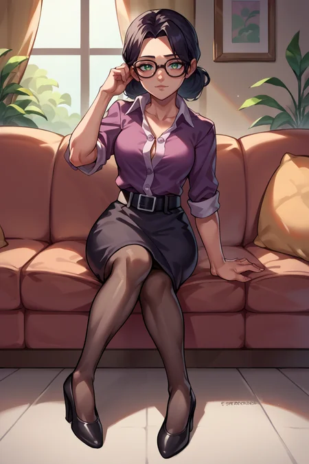 score_9, score_8_up, score_7_up, score_6_up, source_anime, BREAK 1girl, <lora:mspauling-pdxl-nvwls-v1-000008:1> mspauling, black hair, glasses, purple shirt, buttoned shirt, short sleeves, belt, black skirt, pantyhose, medium breasts, smile, bored, sitting, couch, looking at you, high heels