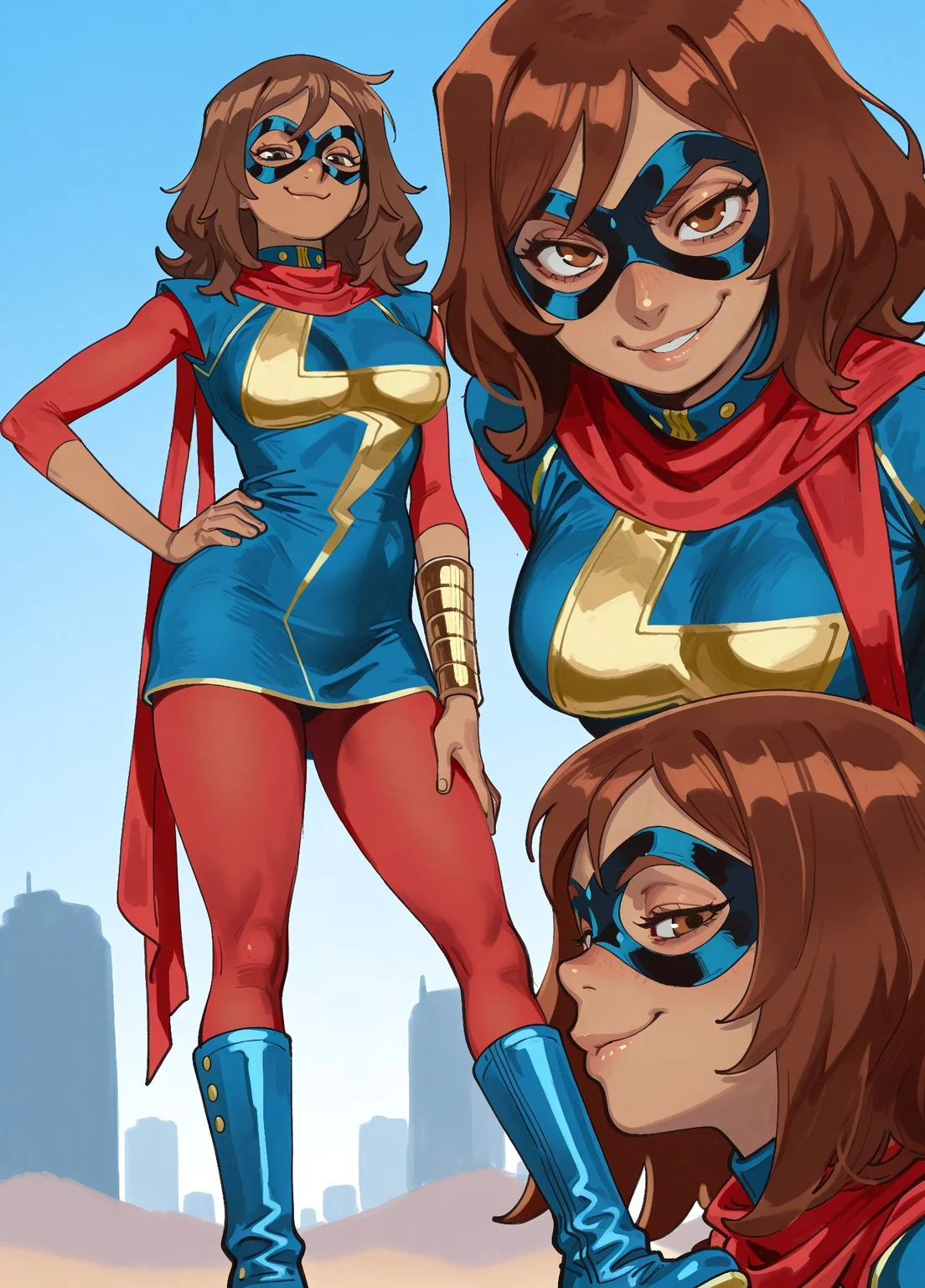 masterpiece, best quality, amazing quality, very aesthetic, absurdres, newest, detailed eyes, cannedmos,

1girl, mmkamalakhan, brown hair, brown eyes, dark-skinned female, sleeves, blue dress, scarf, bracelet, red pantyhose, domino mask, blue boots, medium breasts, hand on hip, smug, looking at viewer, close up, low kiss,
