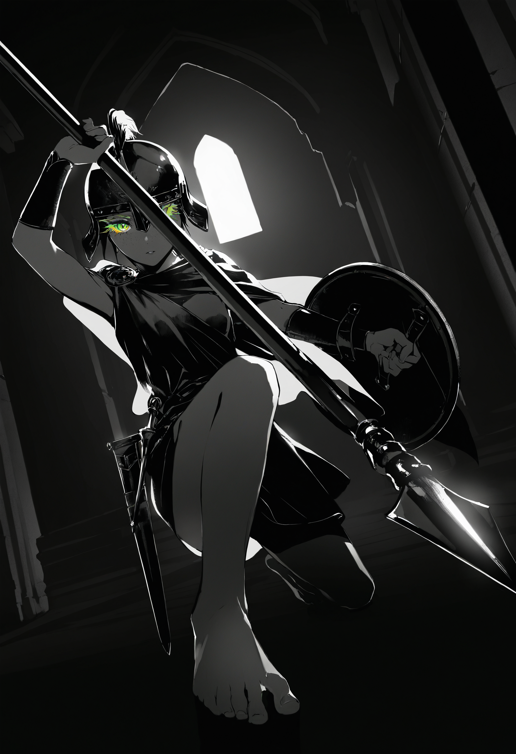 artist:[diyokama|say hana|yoneyama mai|lam \(ramdayo\)],
1girl, ancient greek clothes, greco-roman clothes, red toga, cape clasp, solo, body freckles, on one knee, holding shield, holding polearm, thrusting, barefoot, spear, full body, plume, toes, parted lips, helmet, armor, small breasts, sheath, dutch angle, foreshortening, looking at viewer, colored eyelashes, long eyelashes, greco-roman architecture, 
dark, black theme, high contrast, backlighting, spot color, monochrome,
masterpeice, best quality, very aesthetic, absurdres
<lora:noobai_vpred_1_masterpieces_v23:1>