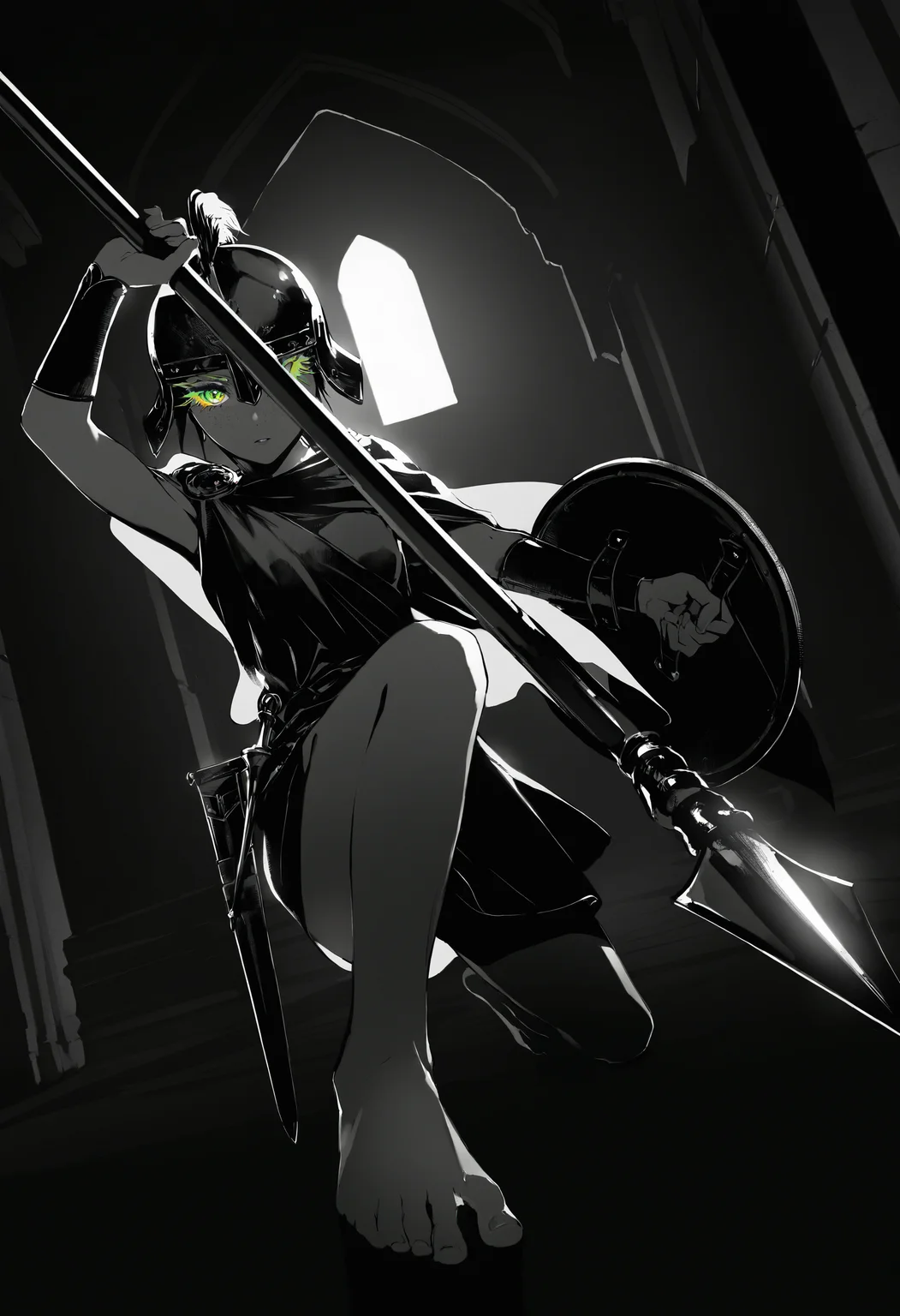 artist:[diyokama|say hana|yoneyama mai|lam \(ramdayo\)],
1girl, ancient greek clothes, greco-roman clothes, red toga, cape clasp, solo, body freckles, on one knee, holding shield, holding polearm, thrusting, barefoot, spear, full body, plume, toes, parted lips, helmet, armor, small breasts, sheath, dutch angle, foreshortening, looking at viewer, colored eyelashes, long eyelashes, greco-roman architecture, 
dark, black theme, high contrast, backlighting, spot color, monochrome,
masterpeice, best quality, very aesthetic, absurdres
<lora:noobai_vpred_1_masterpieces_v23:1>
