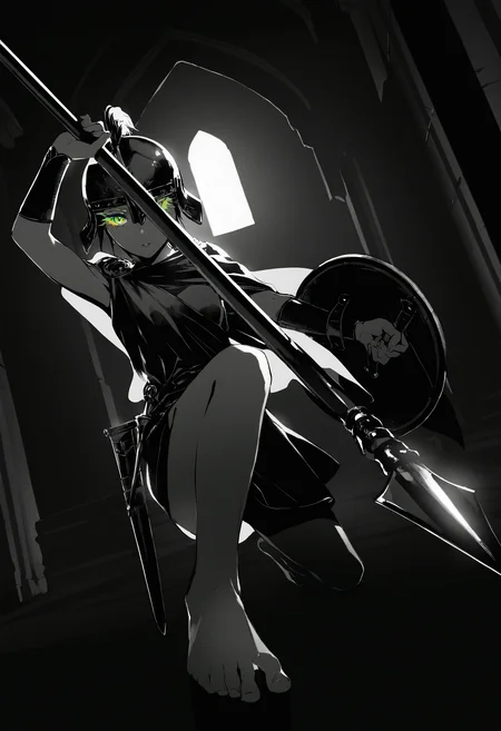 artist:[diyokama|say hana|yoneyama mai|lam \(ramdayo\)],
1girl, ancient greek clothes, greco-roman clothes, red toga, cape clasp, solo, body freckles, on one knee, holding shield, holding polearm, thrusting, barefoot, spear, full body, plume, toes, parted lips, helmet, armor, small breasts, sheath, dutch angle, foreshortening, looking at viewer, colored eyelashes, long eyelashes, greco-roman architecture, 
dark, black theme, high contrast, backlighting, spot color, monochrome,
masterpeice, best quality, very aesthetic, absurdres
<lora:noobai_vpred_1_masterpieces_v23:1>