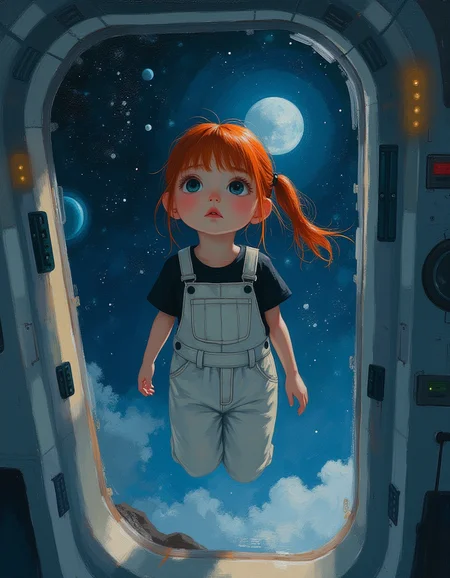 a masterwork oil painting of a cute red-haired girl looking serenely up at the viewer as she floats inside a high-tech spaceship. Her hair is neatly tied back in a ponytail, and she is wearing a casual but trendy pair of white denim overalls over a simple black t-shirt. Behind her a window stretches across the wall, offering a view of outer space. A vast expanse of stars and distant planets can be seen, with a few nearby celestial bodies glowing softly. Her skin is pale white and her a deep blue.
The spaceship's interior is modern and minimalistic, featuring smooth metallic surfaces, subtle lighting, and advanced control panels with holographic displays. Floats through the space craft gazing out in awe and wonder. Her expression is one of curiosity and excitement. Reflections of the starlight create a soft glow around her, adding to the ethereal atmosphere. Focus on the girl, shadow and light, Masterpiece, intricate lines, intriguing atmosphere, sharp magnificent details, delicate features, elaborate details, (2\3 rule composition:0.5), ultra detailed, romantic, Rembrandt lighting, brush stroke, lovely, novuschroma, in the style of Rembrandt. vantablack <lora:style_of_Rembrandt_FLUX_135:.6> <lora:- Flux1 - vanta_black_V2.0:.3> <lora:neeeg_f1:-1> <lora:113_novuschromaFLX_1:.3> <lora:Midjourney_Whisper_Minimal:.4>