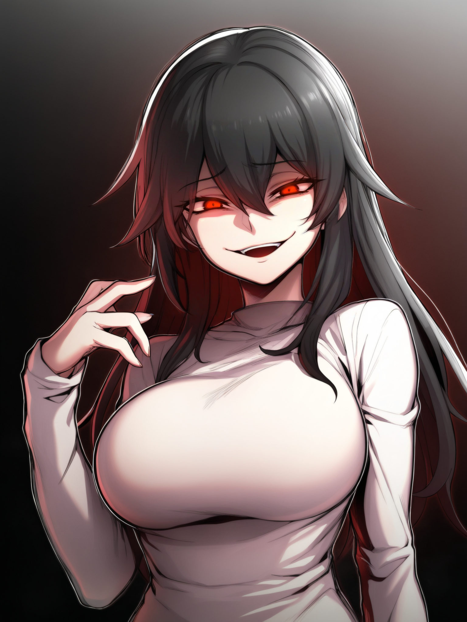 Masterpiece, Best Quality, Best Score, Best Anatomy,
 <lora:ebiblue_Artist_Style_IllustriousXL:1>,1girl, looking at viewer, gesugao, open mouth, evil smile, long hair, long sleeves, red eyes, hair between eyes, large breasts,