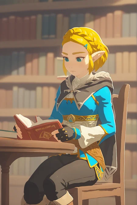 score_9, score_8_up, score_7_up, score_6_up, score_5_up, score_4_up, BREAK source_anime, 1girl, solo,
<lora:ZeldaXL-v2-07:1.0>, ChopioZelda, blonde hair, aqua eyes, pointy ears, looking down, 
medium breasts, 
short hair, crown braid, sidelocks, parted bangs, hairclip,
outfit_1, blue crop top, gold trim, white undershirt, breastplate, layered sleeves, brown sash, black gloves, fingerless gloves, black pants, knee boots, brown footwear,
black cape, hooded cape,
library, table, chair, book, reading,