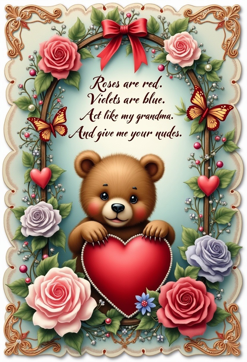 High resolution Gorgeou vintage Valentine's Day card with with a neatly written greeting.  
Writing with elegant calligraphy scrip "Roses are red. Violets are blue. Act like my grandma, And give me your nudes".
gorgeous romantic filigree trellis covered in beautiful vines and flowers. Filigree butterflies and hearts add extra charm. beautiful watercolor painting of cute bear framed by the trellis. Beautiful filigree and lace embellishments. Gorgeous meticulously detailed flowers. Satin and velvet ribbon and bow embellishments. Gorgeous filigree hearts and butterflies. Pearl accents. Gorgeous vivid romantic colors, rose gold, pink, blue, lavender, maroon, white, sage green.