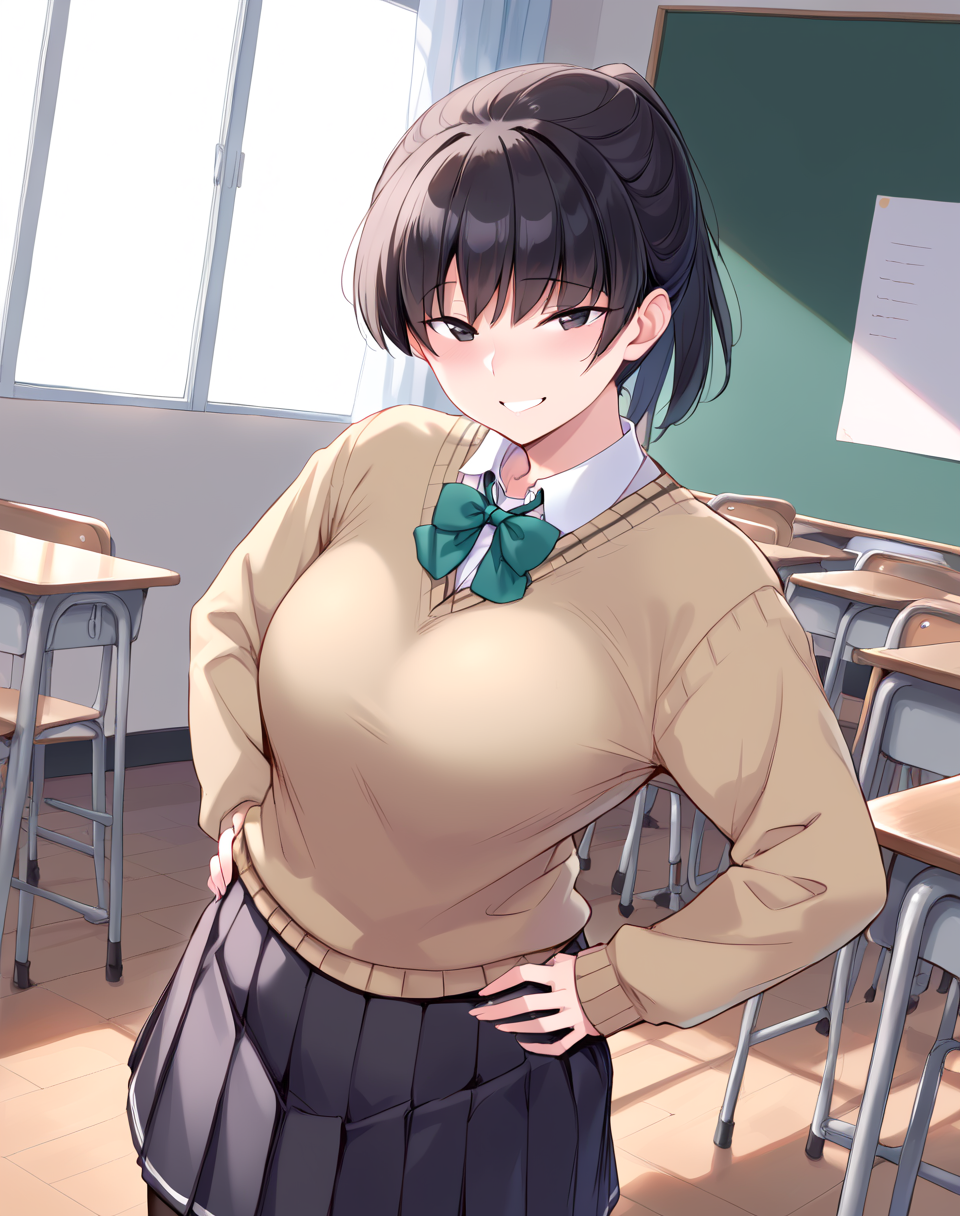tsukahasa_hibiki, black hair, short hair, black eyes, pantyhose, kibito high school uniform,  ponytail pleated skirt, beige cardigan, loose hair,  green bowtie BREAKindoors, classroom BREAK hands on hips, smile, blush, looking at viewer BREAK score_9, score_8_up, score_7_up, source_anime ,zPDXL,  <lora:Tsukahasa_Hibiki:0.8>