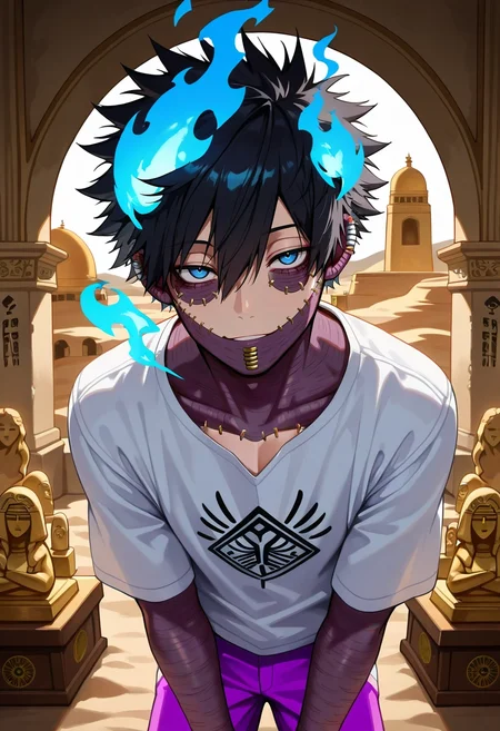 masterpiece, best quality, intricate details, , looking at viewer, 1boy, solo, male focus, <lora:dabi_bnha_ilxl:0.96>, dabi_bnha, black hair, blue eyes, short hair, spiked hair, hair between eyes, messy hair, bangs, scar, burn scar, scar on face, piercing, ear piercing, stitches, blue fire, desert temple, sand-worn statues, hieroglyphs, treasure room, exploring pose, focused expression, filtered light, Lavender Damask Cropped trousers, Felt Batik Lilac Cargo shirt, , Ski mask, Ribbon