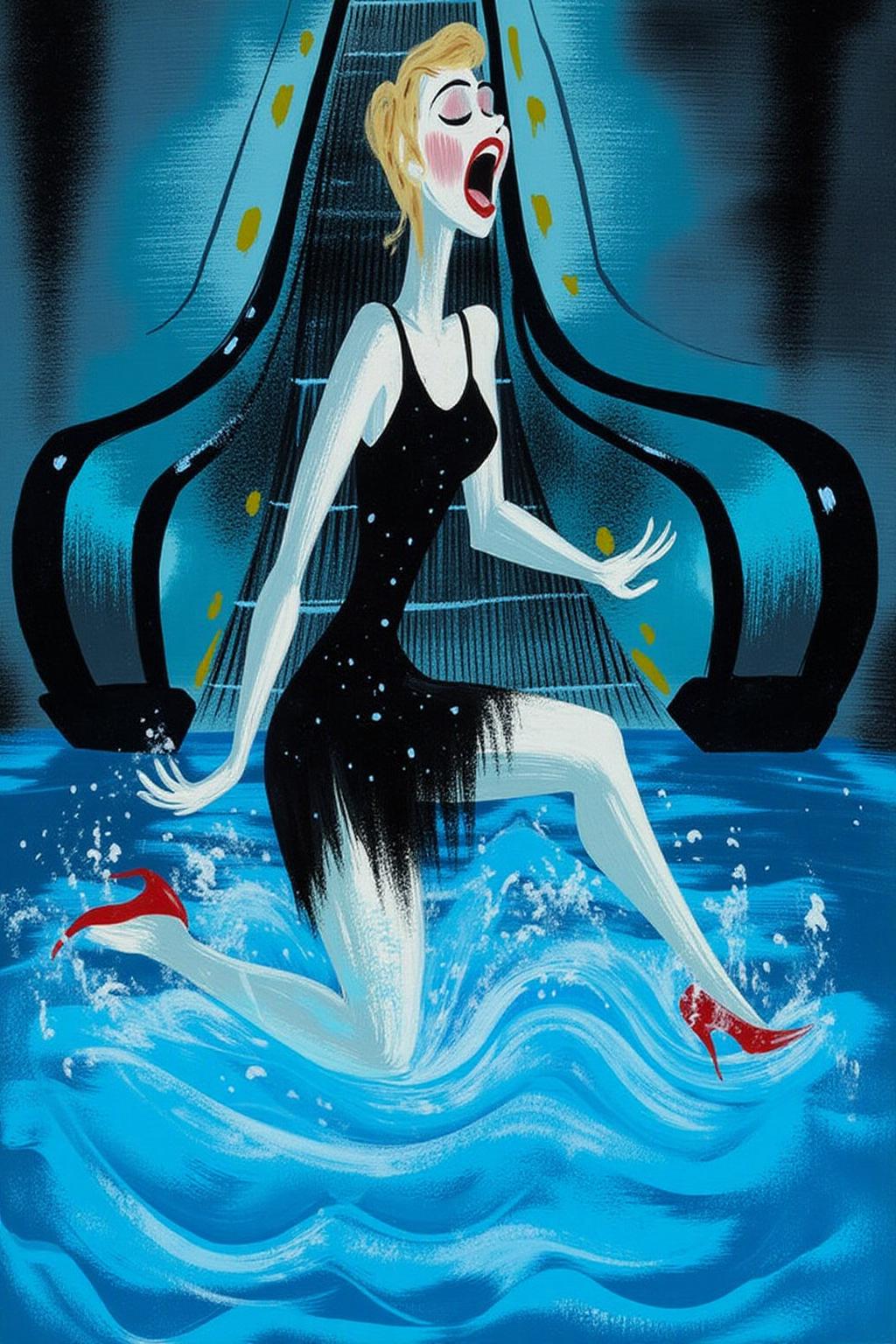 maryblair1 illustration.
A woman in a chic little black dress and red high heels, gracefully descending an escalator. She wears black lipstick and is screaming. The escalator leads downwards into a pool of rippling blue water. <lora:maryblair2_cap_d8a4:1.0><lora:846227472354723213:0>