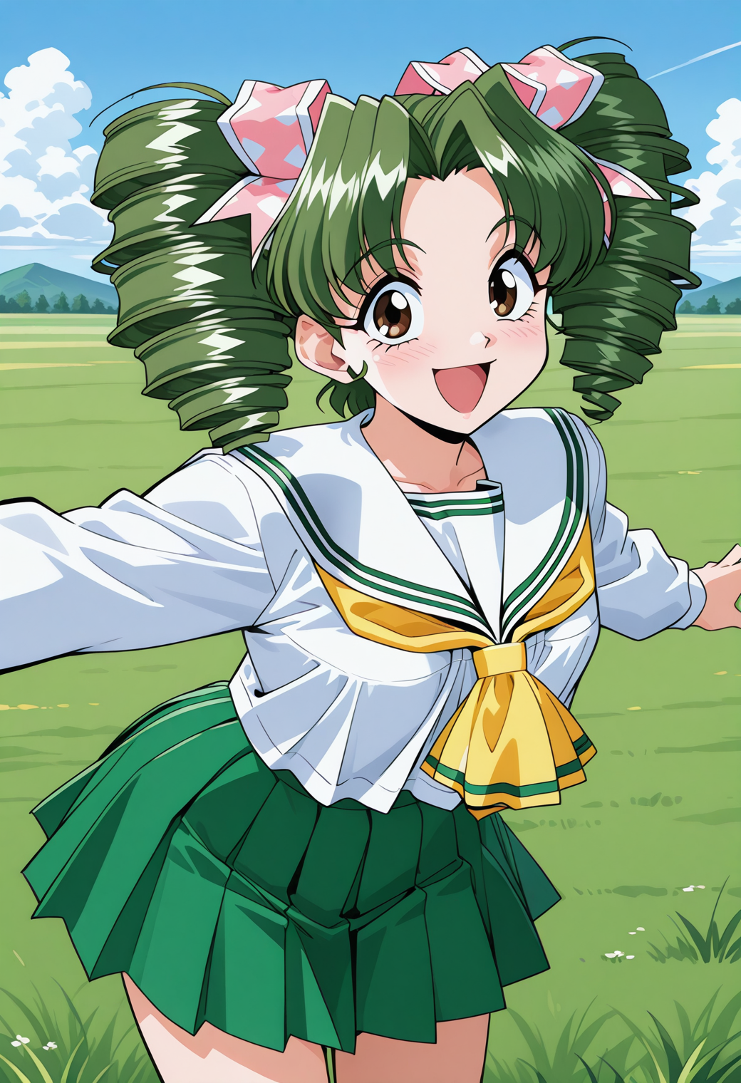 shimura_mami, brown eyes, green hair, twin drills, twintails, hair ribbon, pink ribbon, school uniform, serafuku, white sailor collar, yellow neckerchief, white shirt, long sleeves, green skirt, pleated skirt, <lora:Graduation_shimura_mami_illustrious_ver1:0.8> 
smile, open mouth,, masterpiece, best quality, sensitive,, 1girl, solo, blue sky, (grasslands:1.2), looking at viewer,, (cowboy shot, dynamic pose:1.4),