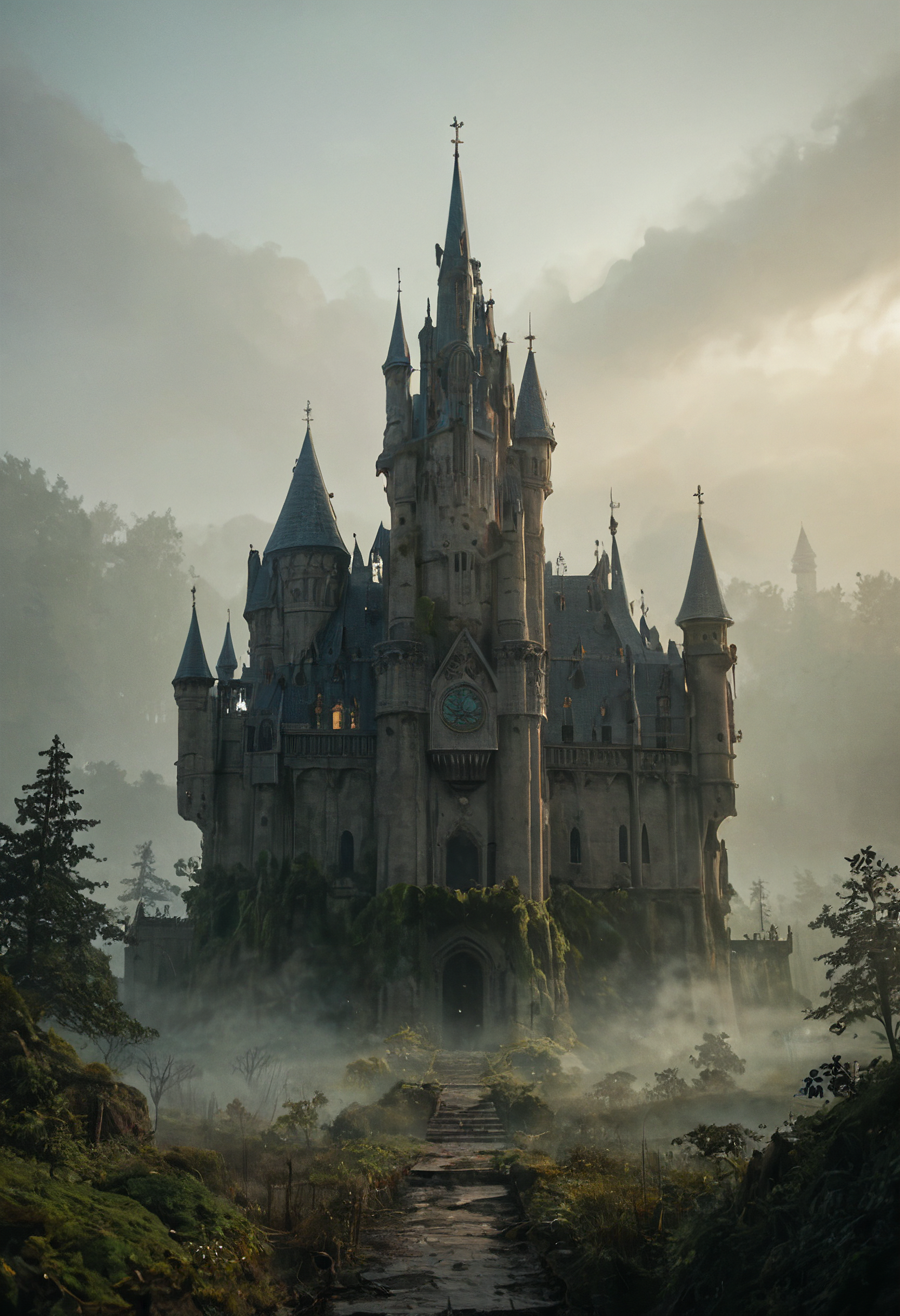 score_9, score_8_up, score_7_up, scene, huge castle, moss, mist, fog, mistery, dark fantasy, low light, depth of field, highly detailed, high contrast, film grain, Rim Lighting, Long Exposure, DSLR