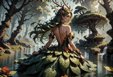 score_9, score_8_up, score_7_up, 1girl, dryad, antlers, leaf dress, open center, outside at a beautiful magical forest, lake, solo, long hair, green hair, heart, curvy, romantic, flower corsage, dynamic pose, flowers inlaid in dress, back view, looking back, <lora:Concept Art Twilight Style SDXL_LoRA_Pony Diffusion V6 XL:0.8> Concept Art, <lora:Expressive_H-000001:0.8>, expressiveH, <lora:Pony_DetailV1.0>