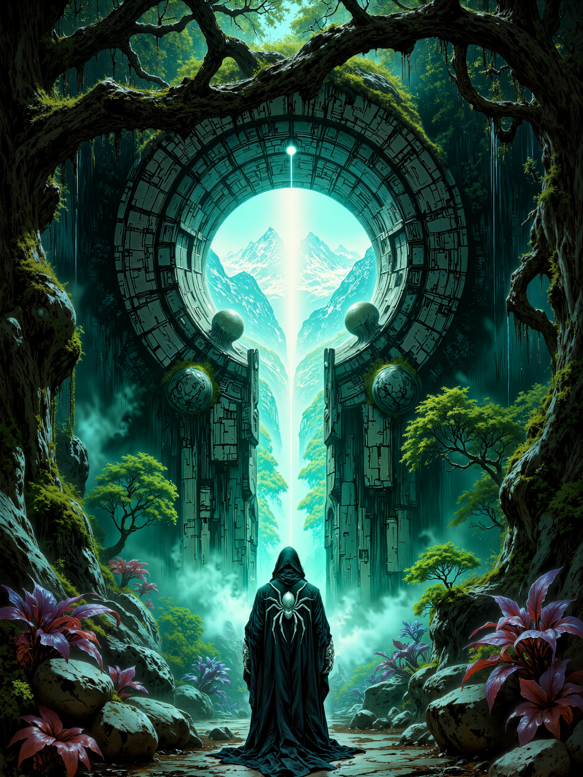 fantasy artwork, very detailed, realistic, a masterful painting of a stone portal in shape of a keybole, in a dark, eerie, ancient and lush jungle, densely packed with towering, gnarled trees. their intertwined treetops  form tangled arches above a moss-covered forest floor, faintly glowing mushrooms the size of lanterns dot the underbrush, casting a subtle bioluminescent shimmer in hues of pale cyan and purple. in the heart of the jungle stands a monolithic stone arch - an arcane stone structure carved into the shape of a massive keyhole, into ancient, weathered stone, overgrown with vines and moss. the magic portal radiates a soft but brilliant light, revealing through its narrow aperture a beautiful, snow-covered mountain range beyond, in stark contrast to the ominous, murky jungle that surrounds the keyhole-portal. the scene is anchored by a solitary figure in the foreground, viewed from behind - a dark-robed traveler standing before the eldritch portal, as if about to cross its threshold, the robe is masterfully embroidered with a large, intricately detailed, silver tarantula spider, the robe's deep folds catching subtle highlights from the portalâs glow. the surrounding jungle includes sharp pops of color - tropical and possibly carnivorous plants with vivid red or deep purple petals curl among the undergrowth, their shapes exotic and predatory, their presence lending tension and surrealism to the scene. the lighting is dramatic and cinematic, with strong contrast between the deep shadows of the jungle and the radiant light streaming from the portal, shafts of this ethereal illumination scatter through the jungle mist, casting faint silhouettes of trees and vines and highlighting the path ahead, the wondrous portal serves as the visual and symbolic center of the composition. shot from a low, slightly angled perspective behind the figure, the viewpoint draws the eye upward and toward the brilliant keyhole light, creating a sense of scale, tension, and anticipation. rembrandt style lighting heightens the atmosphere, using deep contrast and directional light to emphasize both mystery and reverence, soft glow effects enhance the magical tone of the image. rendered as a masterwork painting in a highly detailed, high-fantasy art style, rich texturing across the moss, bark, and stone contrasts with the arcane architecture of the portal, a color palette of deep jungle greens, cold shadows, and luminous whites is punctuated by accents of red and purple, atmospheric perspective and delicate mist create a dreamlike, immersive quality, ovg, artilands02, <lora:style-fantastic_landscapes-v2-flux-by_artifyai:0.64> <lora:style-luis_royo-flux-by_tosave:0.8>