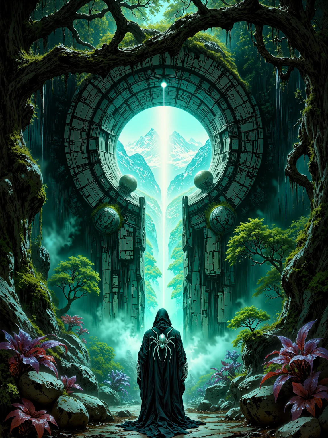 fantasy artwork, very detailed, realistic, a masterful painting of a stone portal in shape of a keybole, in a dark, eerie, ancient and lush jungle, densely packed with towering, gnarled trees. their intertwined treetops form tangled arches above a moss-covered forest floor, faintly glowing mushrooms the size of lanterns dot the underbrush, casting a subtle bioluminescent shimmer in hues of pale cyan and purple. in the heart of the jungle stands a monolithic stone arch - an arcane stone structure carved into the shape of a massive keyhole, into ancient, weathered stone, overgrown with vines and moss. the magic portal radiates a soft but brilliant light, revealing through its narrow aperture a beautiful, snow-covered mountain range beyond, in stark contrast to the ominous, murky jungle that surrounds the keyhole-portal. the scene is anchored by a solitary figure in the foreground, viewed from behind - a dark-robed traveler standing before the eldritch portal, as if about to cross its threshold, the robe is masterfully embroidered with a large, intricately detailed, silver tarantula spider, the robe's deep folds catching subtle highlights from the portalâs glow. the surrounding jungle includes sharp pops of color - tropical and possibly carnivorous plants with vivid red or deep purple petals curl among the undergrowth, their shapes exotic and predatory, their presence lending tension and surrealism to the scene. the lighting is dramatic and cinematic, with strong contrast between the deep shadows of the jungle and the radiant light streaming from the portal, shafts of this ethereal illumination scatter through the jungle mist, casting faint silhouettes of trees and vines and highlighting the path ahead, the wondrous portal serves as the visual and symbolic center of the composition. shot from a low, slightly angled perspective behind the figure, the viewpoint draws the eye upward and toward the brilliant keyhole light, creating a sense of scale, tension, and anticipation. rembrandt style lighting heightens the atmosphere, using deep contrast and directional light to emphasize both mystery and reverence, soft glow effects enhance the magical tone of the image. rendered as a masterwork painting in a highly detailed, high-fantasy art style, rich texturing across the moss, bark, and stone contrasts with the arcane architecture of the portal, a color palette of deep jungle greens, cold shadows, and luminous whites is punctuated by accents of red and purple, atmospheric perspective and delicate mist create a dreamlike, immersive quality, ovg, artilands02, <lora:style-fantastic_landscapes-v2-flux-by_artifyai:0.64> <lora:style-luis_royo-flux-by_tosave:0.8>