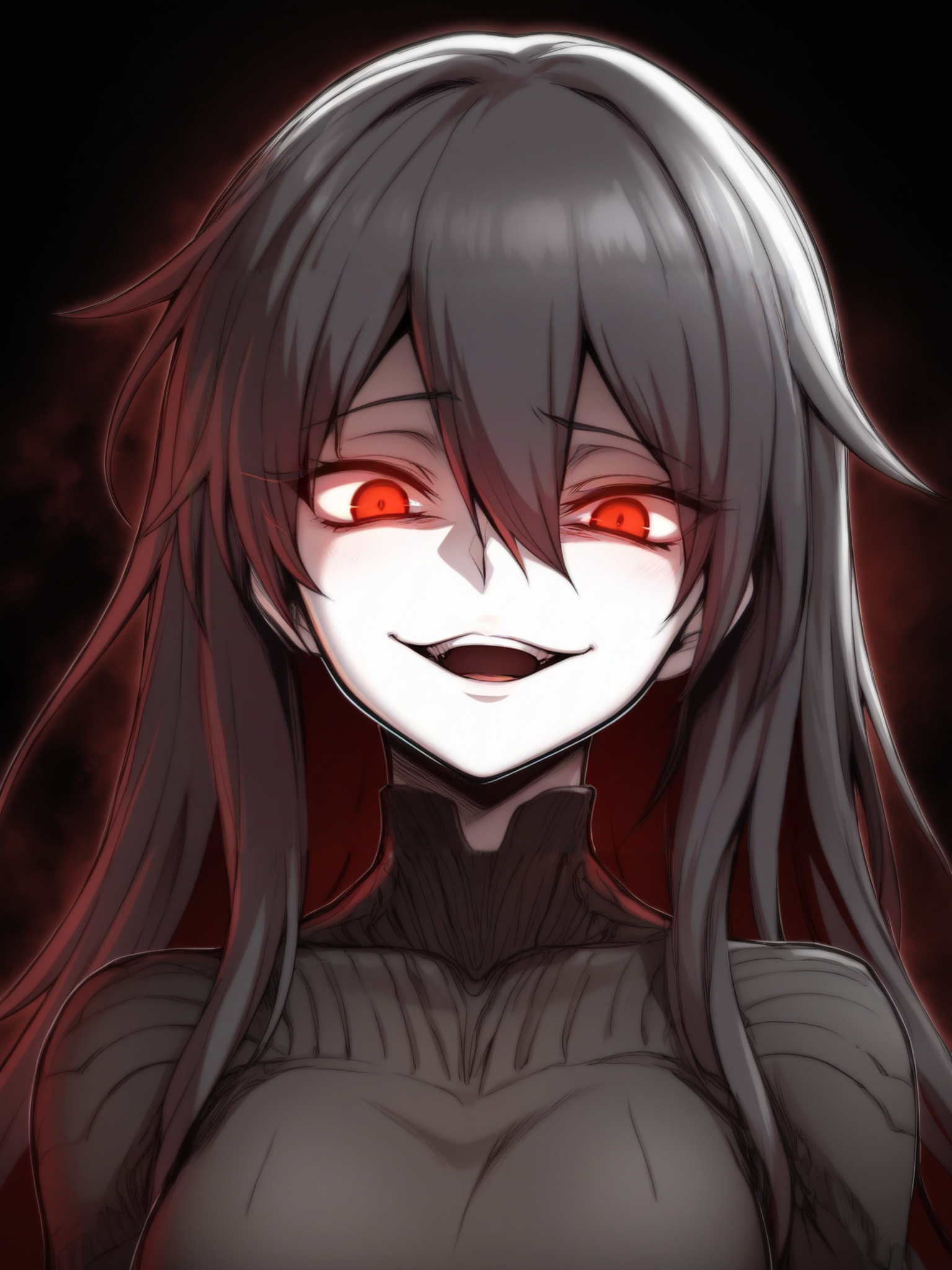 Masterpiece, Best Quality, Best Score, Best Anatomy,
 <lora:ebiblue_Artist_Style_IllustriousXL:1>,1girl, looking at viewer, gesugao, open mouth, evil smile, red eyes, hair between eyes,