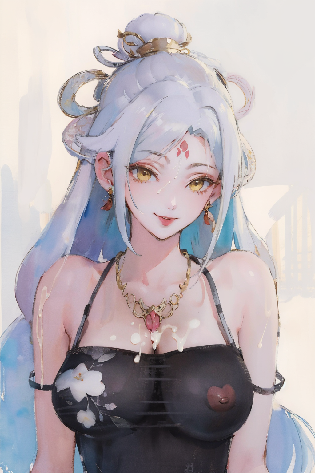 <lora:XiaobaiV2-SD15optimize>,
masterpiece,highest quality,exquisite details,amazing art,realistic details,pretty face,real skin,8K,RAW,movie lighting,soft light,shallow depth of field,bokeh,dreamy,
xiaobai,1girl,jewelry,solo,white hair,earrings,looking at viewer,long hair,hair ornament,upper body,necklace,parted lips,smile,
Paper texture,Ink splash,beautiful detailed eyes,Golden Eyes,(covered nipples:1.2),
traditional_media,pastel_color,black camisole,camisole pull,
<lora:æ°ä¸­å¼å·¥ç¬æ°´å¢¨newchinese-1122-1:1>,watercolor background,splash ink,xuan paper,inkblot,(paper texture:1.4),
facing viewer,portrait,alpha transparency,plum blossom embroidery,transparency of clothes,gold thread embroidery,semen shot on the chest,(cum:1.4),(bukkake:1.5),cum in clothes,