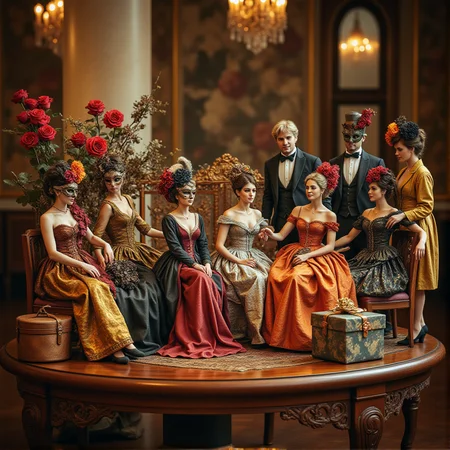 Miniature diorama of a masquerade ball next to a bouquet of roses, detailed digital illustration of a masquerade ball held in a palace, 19th century, colorful dresses, masks, well-dressed women, glamorous, lascivious and somewhat decadent atmosphere, <lora:Flux.1_Turbo_Detailer:0.7>, <lora:Diorama_Flux:0.8>