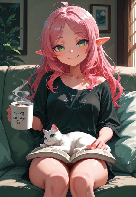 safe_pos, solo, living room, elf girl, skinny, small breasts, straight long pink hair, green eyes, oversized black shirt, large t-shirt, nude t-shirt, sitting, reading book, holding steaming coffee mug, relaxed smile, cute, white cat, cozy,
t4kar4i_illu, no_outlines, no lineart,
masterpiece, best quality, absurdres, [dynamic pose]
