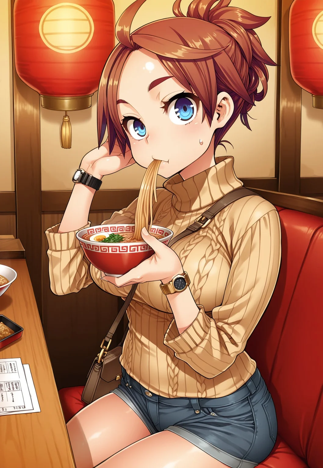 when you see it, subvert expectations,
solo, sitting, eating ramen, restaurant, paper lantern,
looking at viewer, curious,
shorts, denim, turtleneck, long sleeves, [knit sweater], hair up, forehead, wristwatch, hand in own hair, comedic sweatdrop,
1girl, c-ark, brown hair, blue eyes, short hair,
purse, wallet,
(shindol:0.4), (asanagi:0.4),
masterpiece,best quality,newest,absurdres,highres,[dynamic pose]