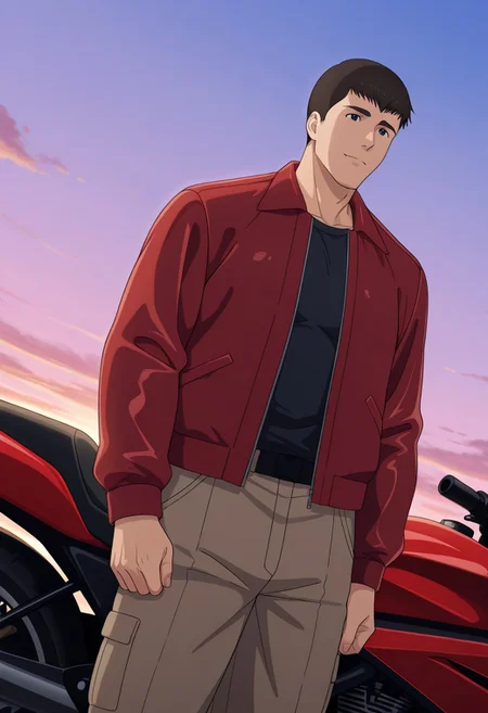 perfect anatomy, perfect proportions, best quality, masterpiece, high_resolution, high quality, best aesthetic, incredibly absurdres, highres, extremely detailed, huge filesize, solo male, adult, mature, masculine, manly, handsome, charming, alluring, standing, upper body, dutch angle, cowboy shot, perfect face, source_anime \(Brave Bang Bravern\), anime coloring \(Brave Bang Bravern\), BBBSatake, Ryuji Satake \(Brave Bang Bravern\), black hair, short hair, black eyes, BBBSatake_outfit01, black t-shirt, red jacket, brown pants, dark boots, red motorcycle, sunset, sky, simple background