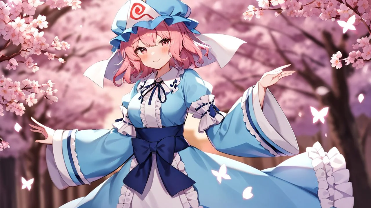 <lora:saigyouji_yuyuko XL:1>,, saigyouji yuyuko, 1girl, solo, hat, blue kimono, triangular headpiece, mob cap, smile, japanese clothes, butterfly, long sleeves, kimono, bug, blue headwear, cherry blossoms, closed mouth, blush, wide sleeves, frills, sash, ribbon, standing, dress, bow, neck ribbon, blue bow, blurry, masterpiece,best quality,very aesthetic,absurdres