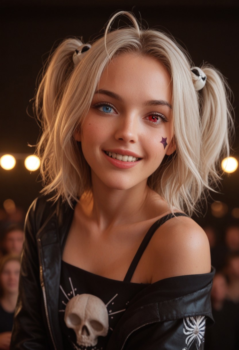 score_9_up, score_8_up, score_7_up, score_6_up, 1girl, 25 years old, perfect face, (adult), sexy,
three quarter view, detailed face, portrait, face focus, depth of field, looking at viewer, blush, shy smile, close up, 
heterochromia, multicolored eyes, red eyes, blue eyes, diamond-shaped pupils, 
star facial mark, fangs,
white hair, ahoge, medium hair, two side up, skull hair ornament, 
print shirt, open jacket, off shoulder, 
excited, head tilt, 
stage, stage lights, concert,
