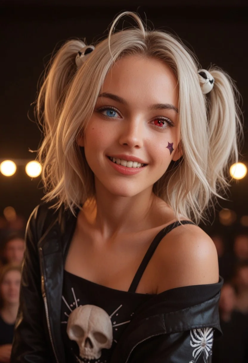 score_9_up, score_8_up, score_7_up, score_6_up, 1girl, 25 years old, perfect face, (adult), sexy,
three quarter view, detailed face, portrait, face focus, depth of field, looking at viewer, blush, shy smile, close up, 
heterochromia, multicolored eyes, red eyes, blue eyes, diamond-shaped pupils, 
star facial mark, fangs,
white hair, ahoge, medium hair, two side up, skull hair ornament, 
print shirt, open jacket, off shoulder, 
excited, head tilt, 
stage, stage lights, concert,
