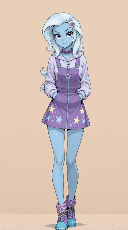 resolution,masterpiece,high resolution, Equestria Girls,resolution,masterpiece,high resolution,solo,wild,,woman,STANDING ON THE STREET DISHAPPEARED, Trixie human, purple eyes, long, voluminous hair, light silver-white with white and light purple streaks. Light, almost pastel blue skin. Overall, her build is slim and proportional.
She wears a light blue hooded jacket with a zipper and purple accents around the sleeves and collar. Underneath, she wears a light purple short skirt with a pattern of a moon and stars. On her feet, she wears tall light blue boots with purple trim around the ankles. There are no visible jewelry or accessories. <lora:Trixie:1>