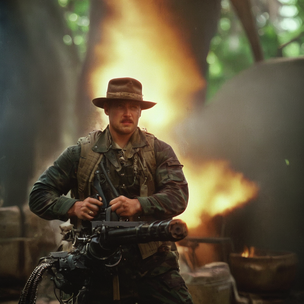 cinematic film still of  <lora:Handheld M134 Minigun:1>
Handheld M134 Minigun a man in a hat and a backpack is blowing out a fire with a Handheld M134 Minigun,Handheld M134 Minigun style,solo,black hair,1boy,hat,male focus,outdoors,torn clothes
, shallow depth of field, vignette, highly detailed, high budget, bokeh, cinemascope, moody, epic, gorgeous, film grain, grainy
