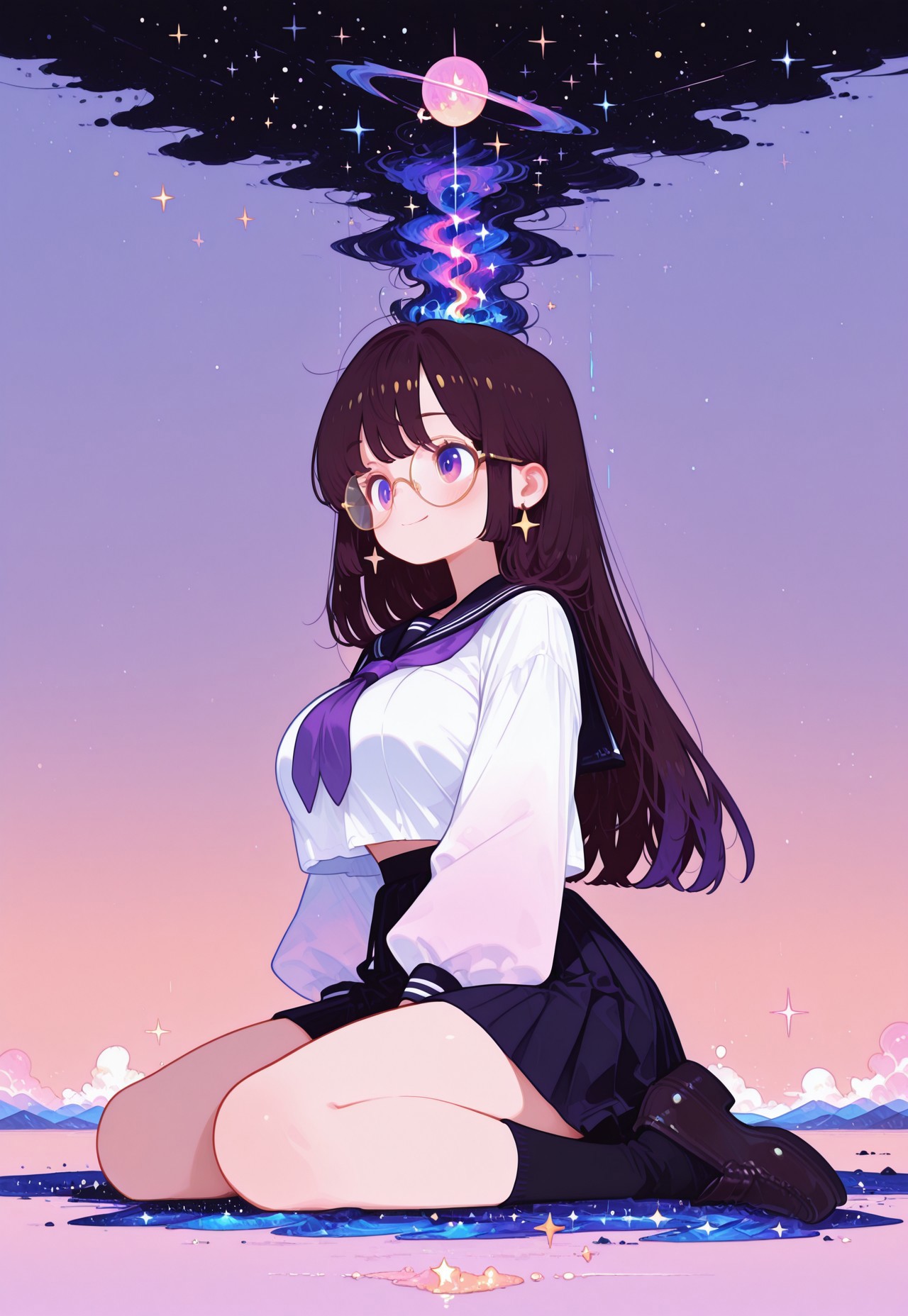solo,, masterpiece, best quality,
(full body shot) ,

1girl,
wariza,
long hair , rimless large round glasses, smiling,
swept bangs ,
ultra detailed eyes, large breasts,
tareme ,
( japanese school uniform, sailor fuku, puffy sleeves ),
black socks, black loafer ,

midnight sky, majestic milky way covering sky,

BREAK

(simple background, simple gradient pastel lapis lazuli   background),

fl4t, flatline, vector style
,
momosp, galaxy,