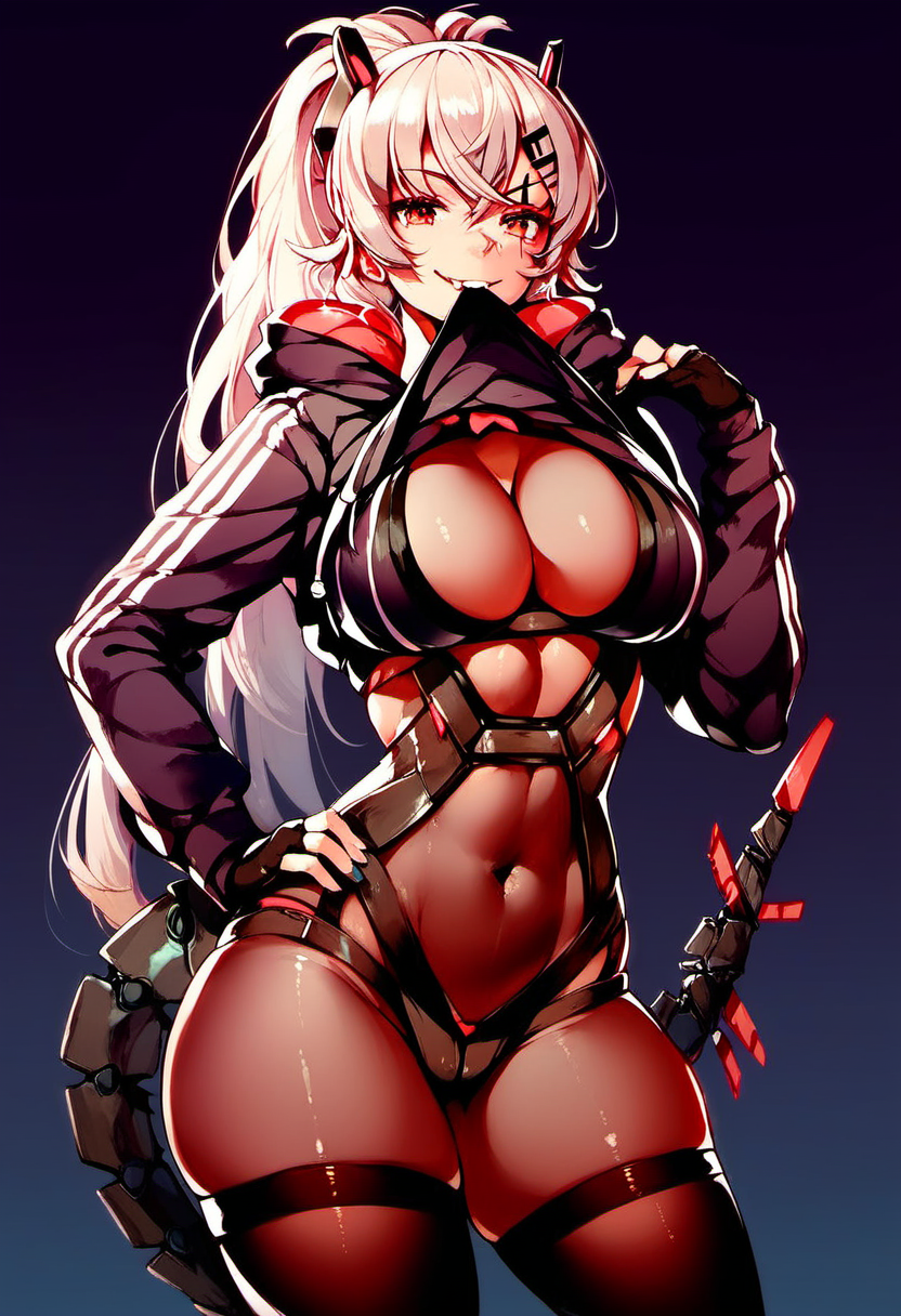 <lora:Saruei_for_PonyXL:1>, saruei, 1girl, solo, scar across eye, scar, thighhighs, large breasts, tail, ponytail, scar on face, mechanical tail, cleavage, hair ornament, looking at viewer, mouth hold, black thighhighs, clothes lift, hairclip, navel, covered navel, smile, hoodie, hood, thighs, gloves, long sleeves, score_9, score_8_up, score_7_up, score_6_up, score_5_up, score_4_up