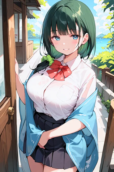 score_9, score_8_up, score_7_up, , score_ANIME, , sssshass, 1girl, , solo,, black hair, ,, blue eyes,, long hair, shawl, , looking at viewer, black skirt, white shirt, bangs, red bowtie, standing, green hair scrunchie, cowboy shot, large breasts, low side ponytail, <lora:sssshass_pony:0.975>, school, thighs, smile,