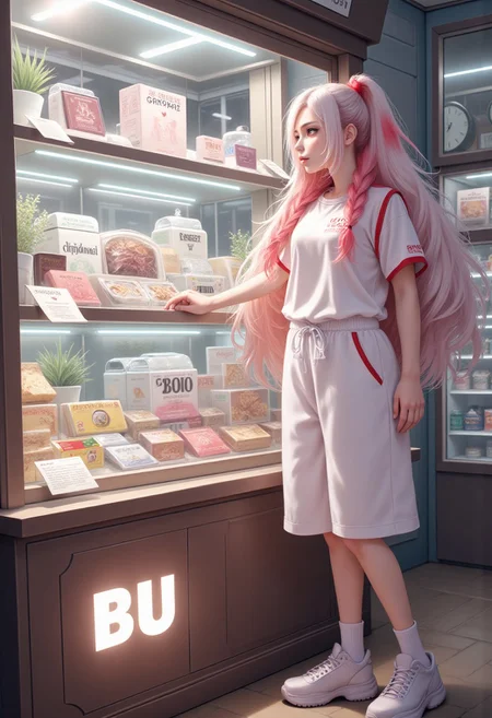 masterpiece, detailifier, shaders, perfect shadows, perfect lightning, perfect shaders, real anime style, detail eyes, magic eyes, de01, high resolution, high definition, 4k, great details, high quality, detailed, high detailed anime style, a sign that says only buzz are accepted, girl with long white and red hair, white sports shirt and long sports shorts, white socks, old tennis shoes, would be looking at a display case which sells various products, these would have their price (randomly over 1000) and with a small yellow buzz symbol (yellow lightning) replacing the dollar symbol, minimalist shop, minimalist ambient, the display case would be very well decorated and detailed, a sign that says only buzz are accepted, from the girl would come out a cloud that represents her thought which has an empty wallet and next to it a yellow buzz symbol (yellow lightning), hair simulating movement, detailed hair, detailed image, realistic hair movement simulation, extremely detailed hair, realistic hair, beautiful face, gorgeous face, perfect face, display case with valuable items, has a smile of excitement when seeing something, A illustration in the rimixa style, anatomically perfect body, sign, buzz simbol, buzz image, cloud hair, minimalist style, legible letters, ponytail, fluffy hair, fitness body, beautiful face, electronic shop, a sign that says only buzz are accepted