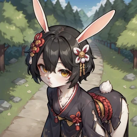 score_9, score_8_up, score_7_up, score_6_up, yuran, rabbit ears, rabbit tail, white fur, body fur,
1girl, solo, black hair, animal ears, ootachi, nature background, japanese clothes, short hair, wide sleeves, yellow eyes, looking at viewer, standing, kimono, hair between eyes, closed mouth, long sleeves, bent over, hair ornament,
<lora:ava_choco_yuran_race_v1-000005:0.9>,
