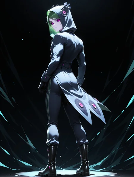 masterpiece, very aesthetic, best quality, solo, amazing quality, 25 years old, toned, fit body, male, imtdargos, standing, from behind, looking back, expressionless, 1boy, hood, green hair, colored skin, short hair, hood up, gloves, colored sclera, pink eyes, purple eyes, bangs, black gloves, boots, buttons, long sleeves, pants, swept bangs, abstract background, dark background, dreamlike background
