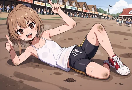 Aisaka_Taiga, 1girl, flat chest, brown_eyes, festival, cheerful, tight shorts, dynamic, competittion, sneakers, finish line, winning, sweat, laying, dirt, thumbs up, victory