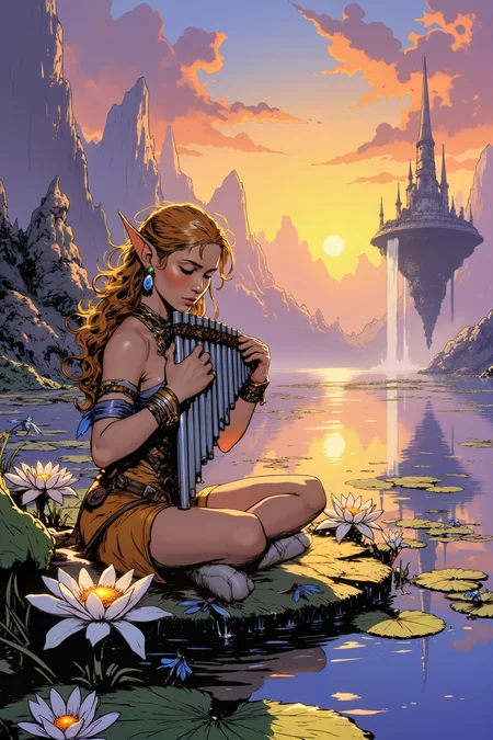 On the edge of a vast, glimmering lake surrounded by towering crystal spires, a slender elf with porcelain skin and hair like spun gold sits cross-legged on a floating lily pad, playing a silver panflute. The melody she produces is soft and ethereal, resonating through the still air and sending ripples across the pristine, mirror-like surface of the water. Above her, the sky shifts with hues of pink, orange, and violet as the sun dips below the horizon, casting a golden glow across the entire scene. Tiny, glowing dragonflies hover around her, their wings shimmering like prisms in the fading light. The elfâs eyes are closed, lost in the music, and her pointed ears are adorned with delicate chains of tiny gemstones that catch the light with every subtle movement. The lilies surrounding her bloom in response to the melody, their petals glowing faintly with bioluminescence. A gentle breeze stirs the air, carrying the scent of blooming jasmine and cool water. In the distance, the faint outline of a floating island can be seen, its waterfalls cascading gracefully into the endless lake below. The entire scene feels like a fleeting moment of magic suspended in time, with the elfâs music as its heartbeat. , detailed background Fantastic lighting. Detailed shadows.intricate details, vivid colors, hyper-detailed, ultra-sharp, High resolution, high detail. Highly detailed., <lora:Ev_Ganin:0.4><lora:Vintage comic book:0.4><lora:RetroAnimeFluxV1:0.15><lora:Greg_Capullo_style:0.4><lora:jeanClaude_Mzires_Style_FLUX-000001:0.4><lora:Flux_Ink_Anime:0.4> <lora:PANFLUTE_FLUX>