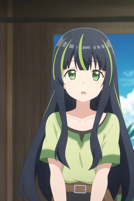 may, anime art style, 1girl, solo, long_hair, looking_at_viewer, open_mouth, bangs, shirt, black_hair, hair_ornament, green_eyes, collarbone, upper_body, short_sleeves, multicolored_hair, outdoors, green_hair, sky, day, cloud, virtual_youtuber, blurry, :o, blue_sky, streaked_hair, blurry_background, green_shirt